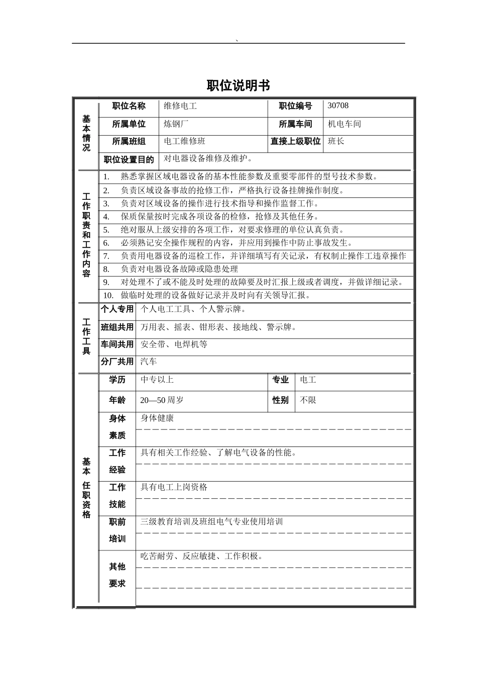 机电车间电工职位说明书_第1页