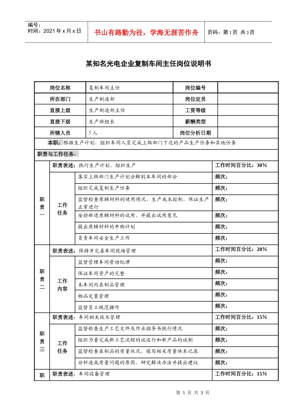 某知名光电企业复制车间主任岗位说明书_第1页
