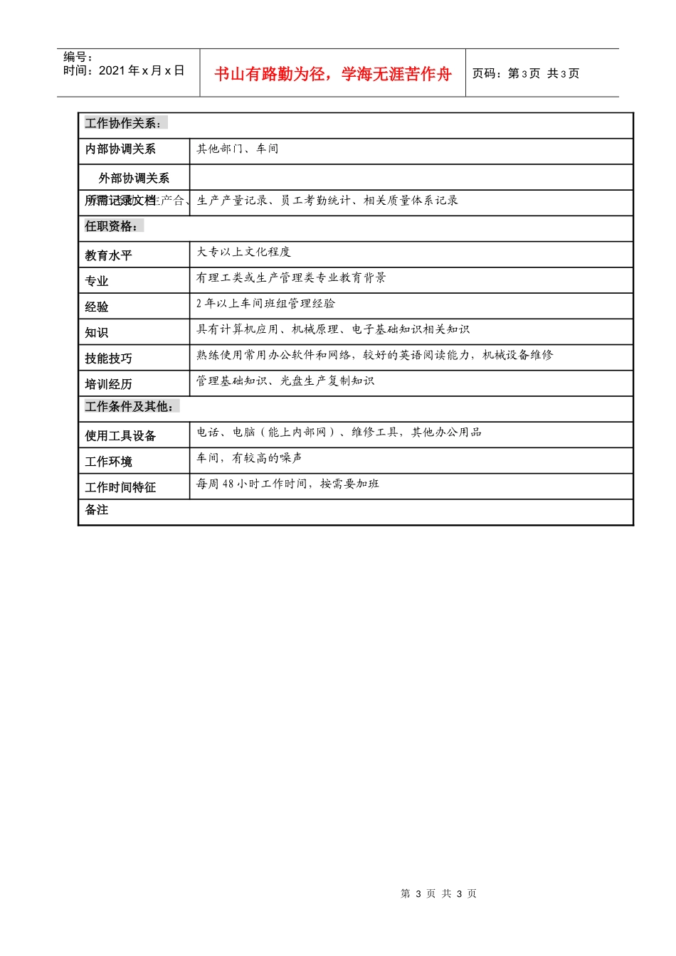 某知名光电企业复制车间主任岗位说明书_第3页