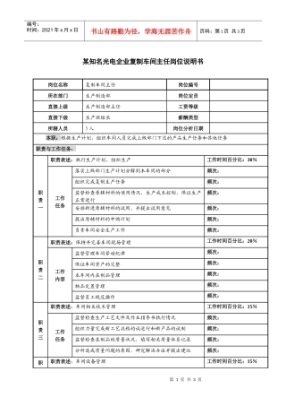 某知名光电企业复制车间主任岗位说明书