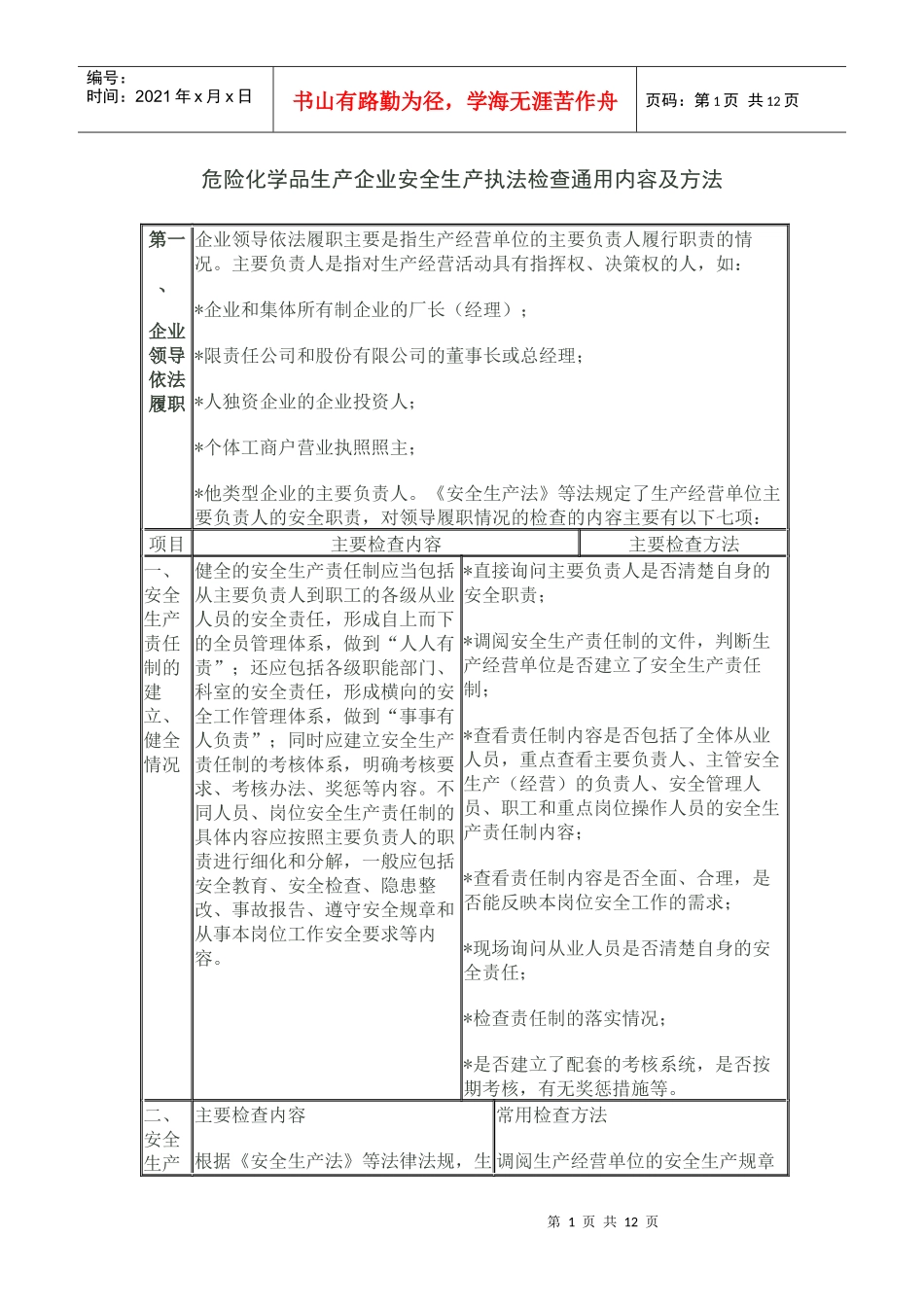 危险化学品生产企业安全生产执法检查通用内容及方法_第1页