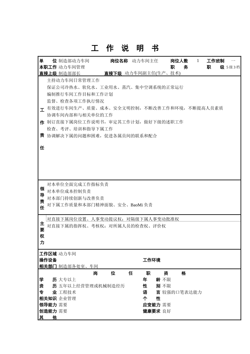 动力车间的工作说明书_第1页