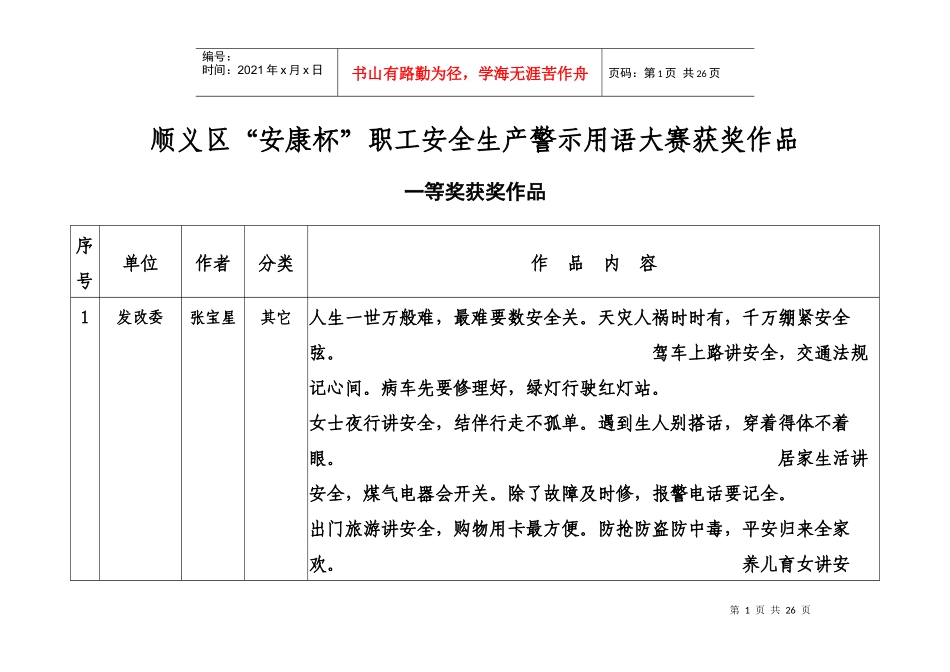 顺义区“安康杯”职工安全生产警示用语大赛获奖作品_第1页
