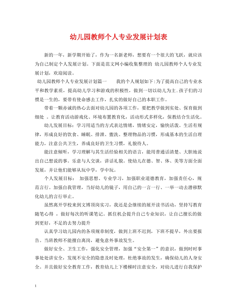 幼儿园教师个人专业发展计划表 _第1页