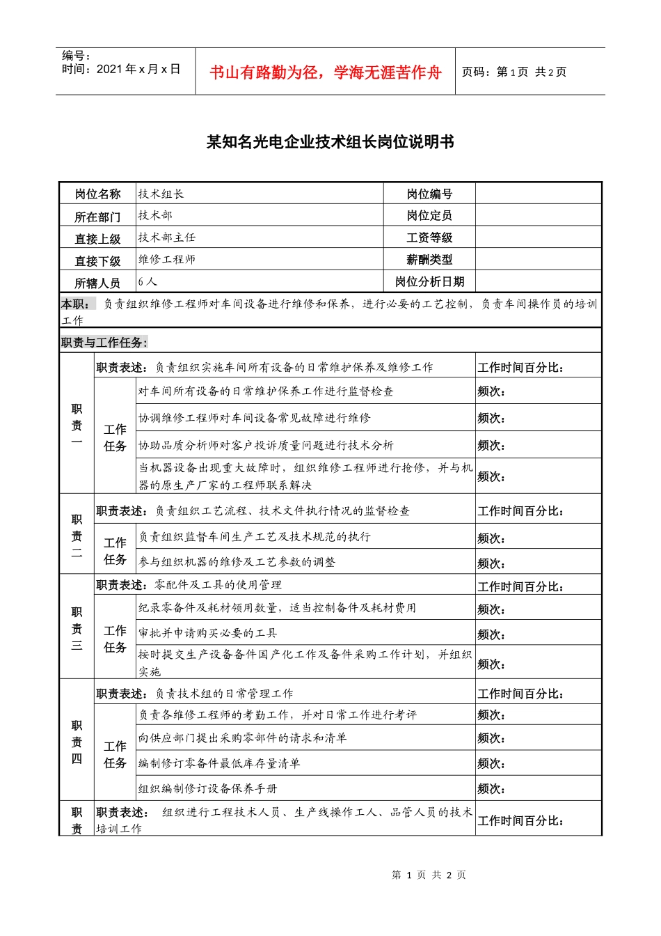 某知名光电企业技术组长岗位说明书_第1页