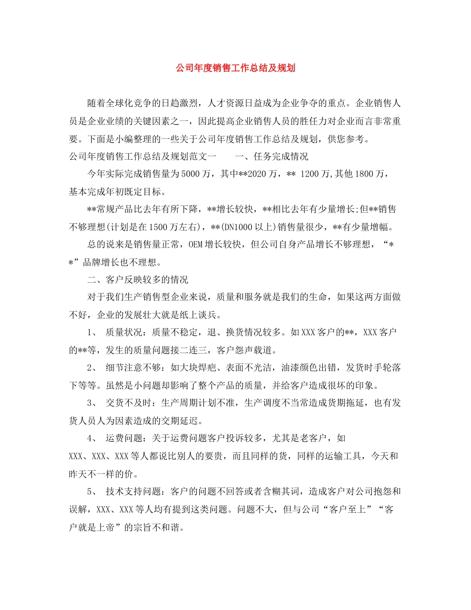 公司年度销售工作总结及规划_第1页