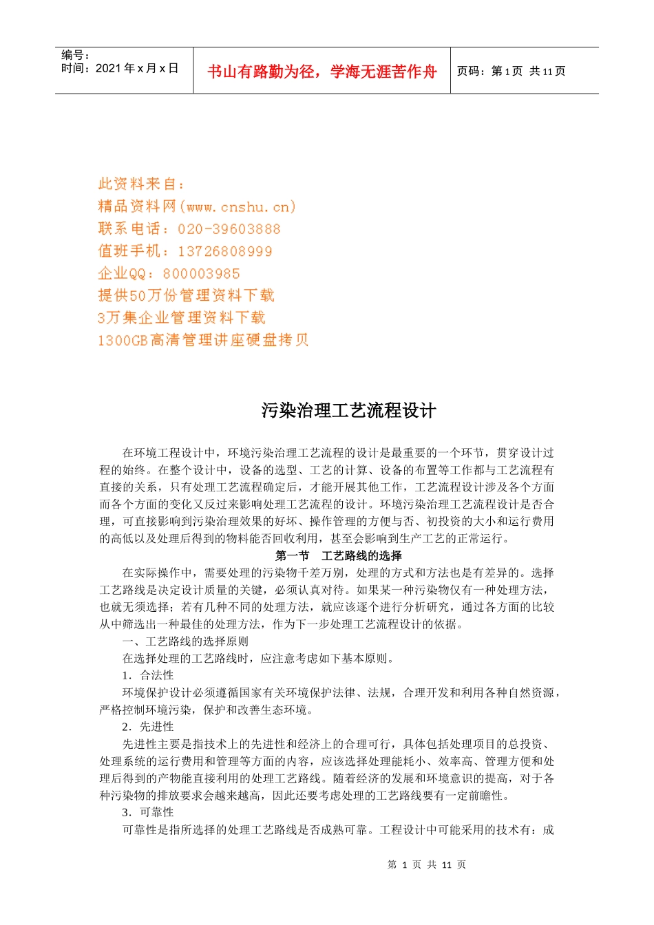 污染治理工艺流程设计报告_第1页