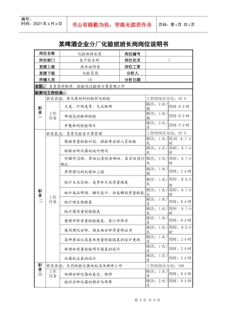 某啤酒企业分厂化验班班长岗岗位说明书.