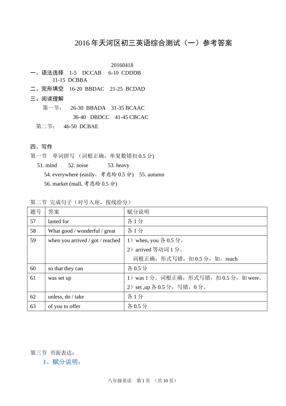 2016年天河区初中毕业班综合测试（一）英语科参考答案及评分标准_第1页