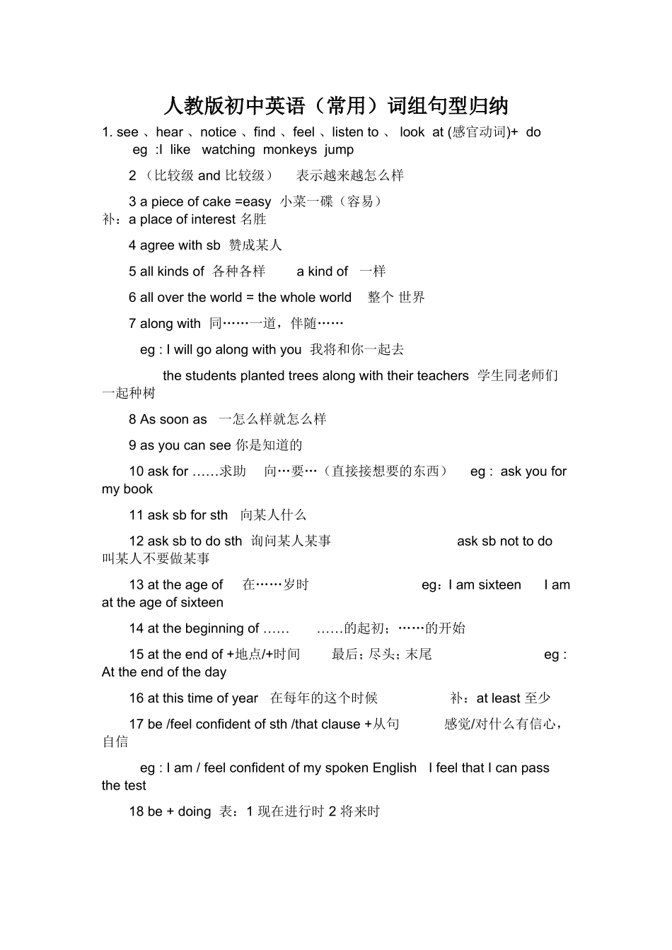 人教版初中英语词组句型归纳_第1页
