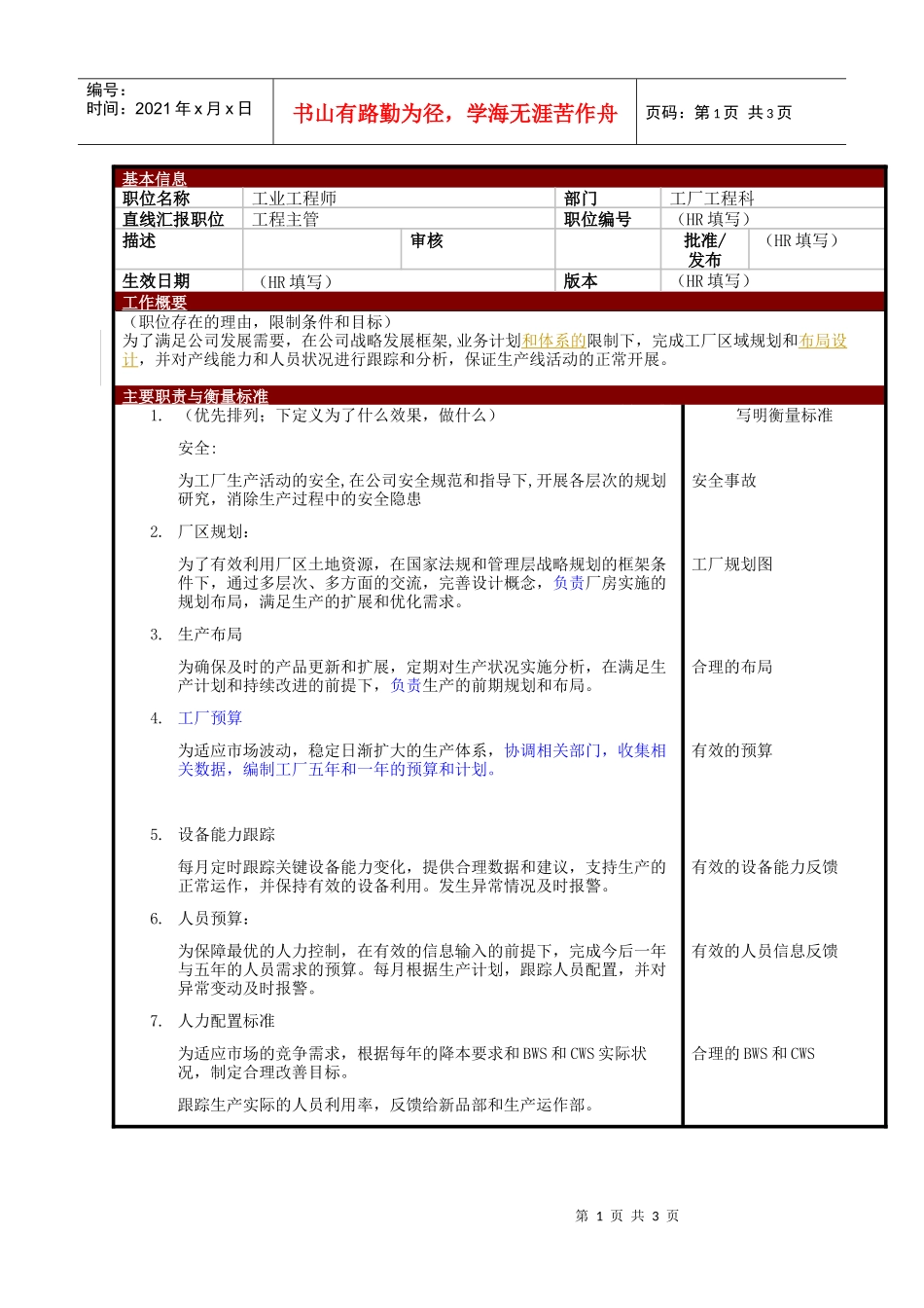 某大型电子公司制造部工业工程师职位说明书_第1页