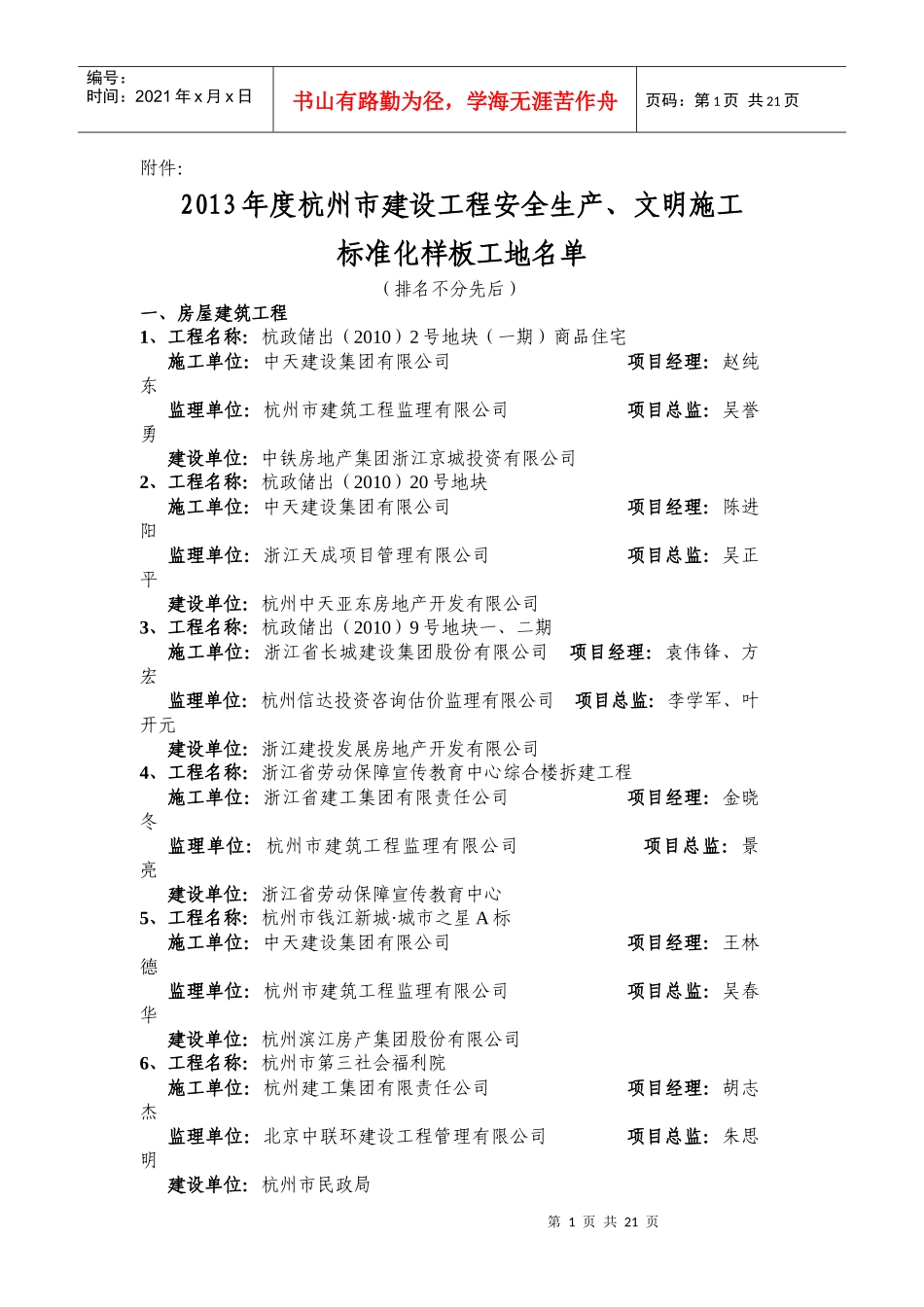 年度杭州市建设工程安全生产、文明施工标准化样板工_第1页