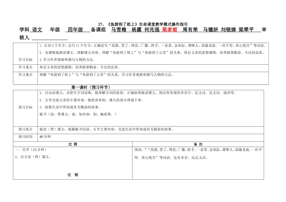 四年级下册第27课《鱼游到了纸上》生命课堂教学模式操作指引_第1页
