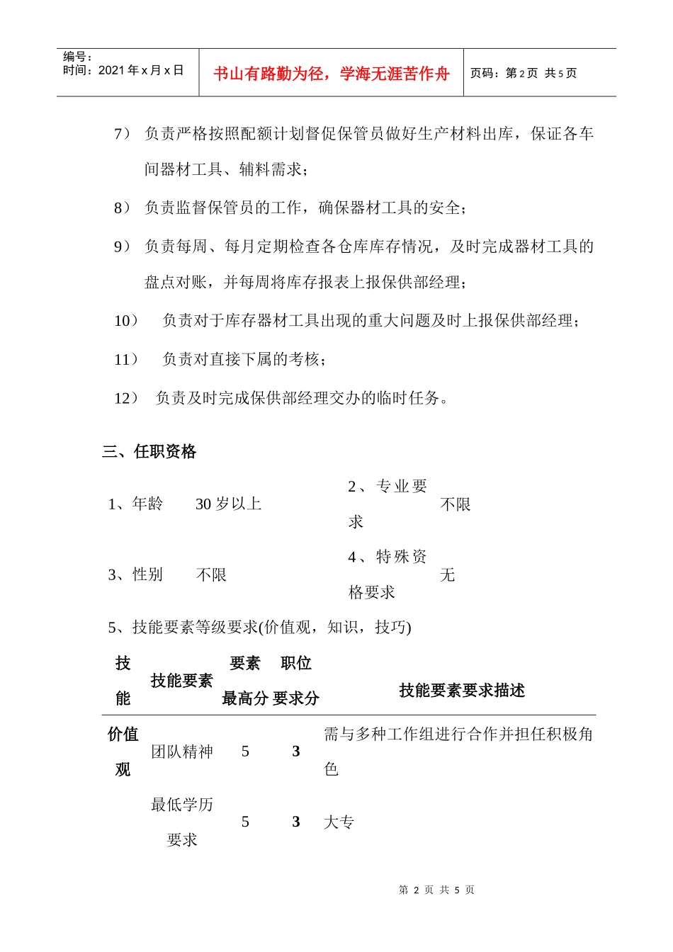 某公司保供部器材工具仓库主管岗位职责_第2页
