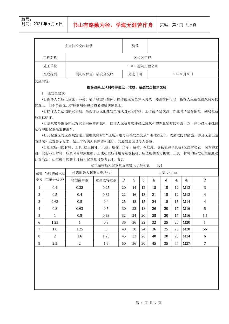 预制构件运装安全技术交底_第1页