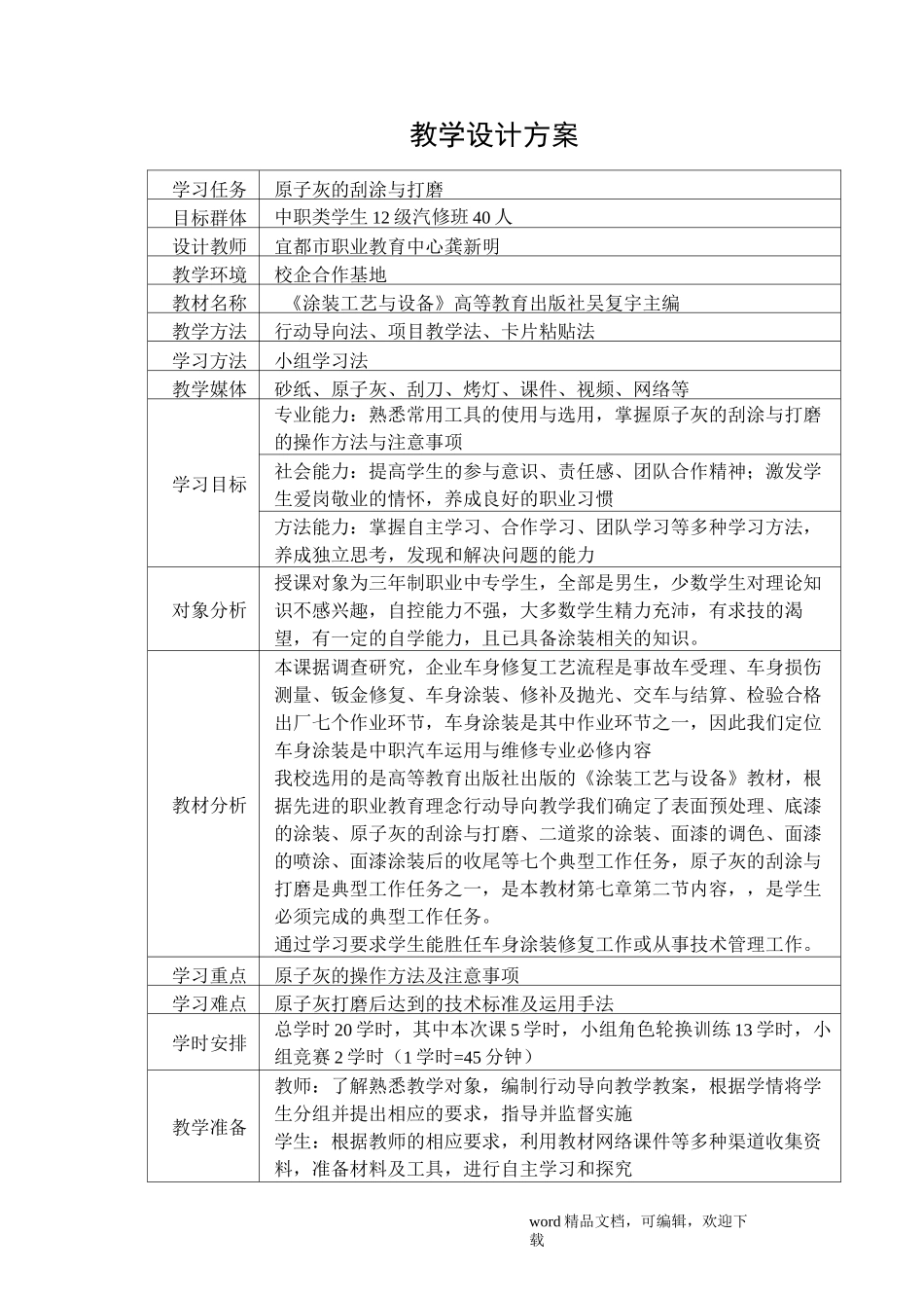 原子灰的刮涂与打磨教案创新说课大赛教学设计_第1页