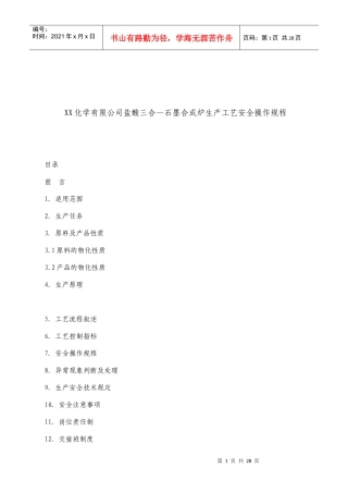 XX化学有限公司盐酸三合一石墨合成炉生产工艺安全操作规程