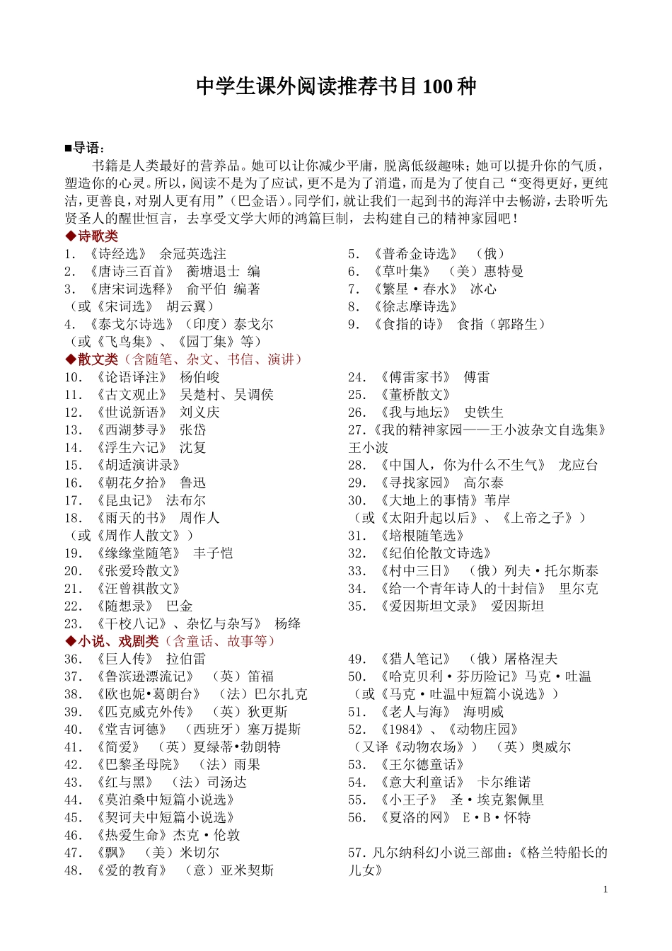中学生课外阅读推荐书目100种_第1页