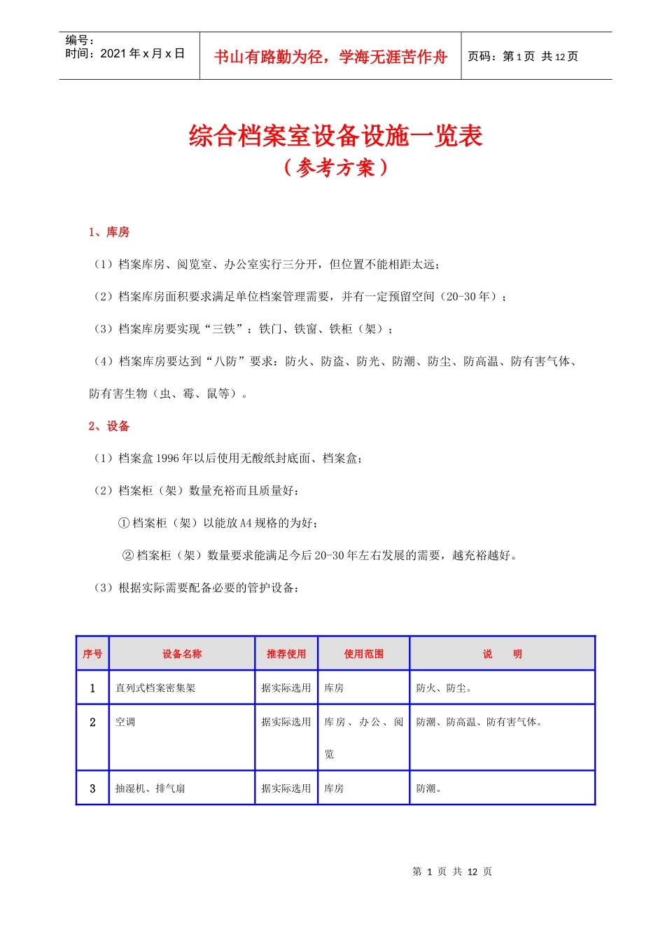 综合档案室设备设施一览表(完整参考方案)_第1页