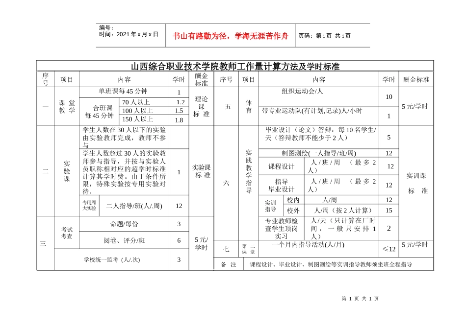 山西综合职业技术学院教师工作量计算方法及学时标准_第1页