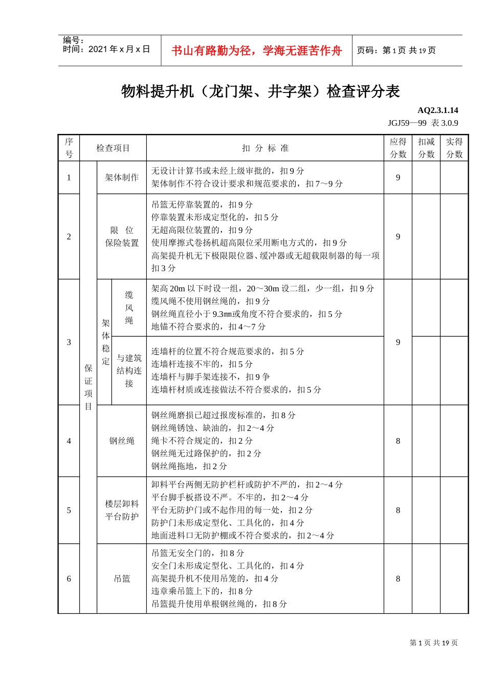 物料提升机（龙门架、井字架）检查评分表(DOC16页)_第1页