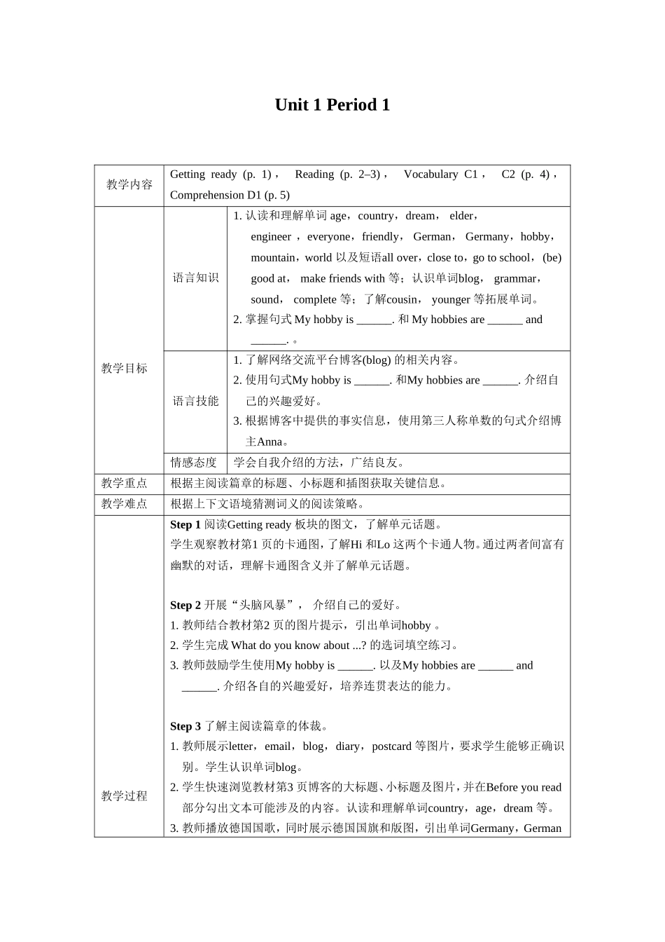 七年级上Unit1Reading教学设计_第1页
