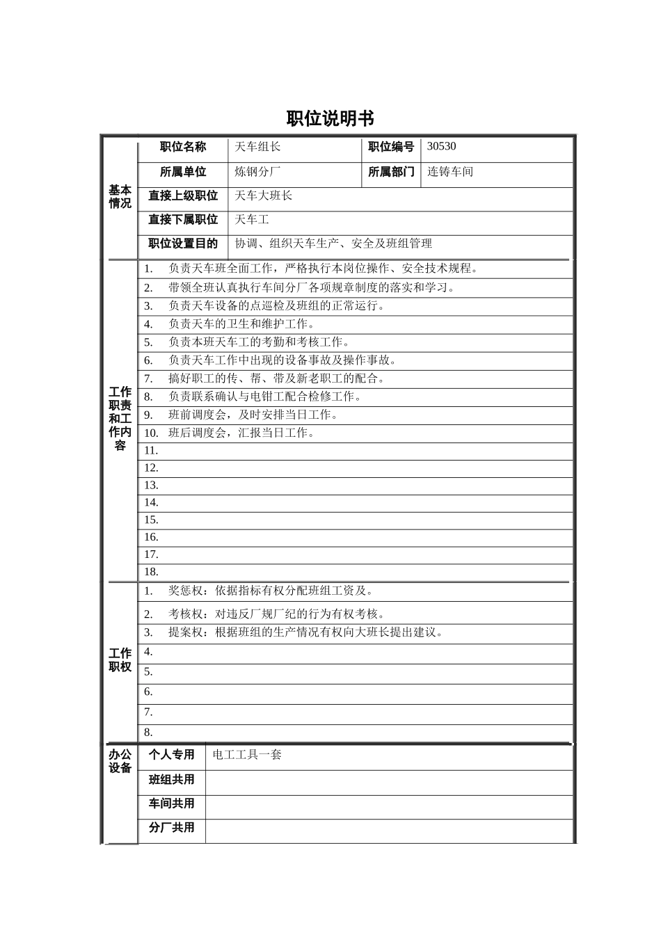 炼钢分厂连铸车间天车组长职位说明书_第1页