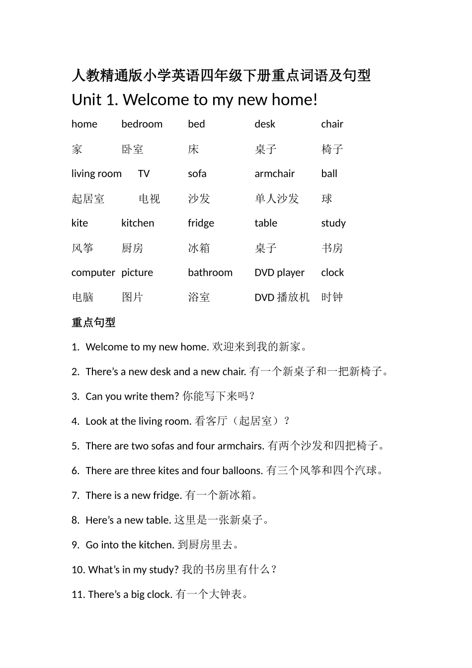 人教精通版小学英语四年级下册重点词语及句型_第1页