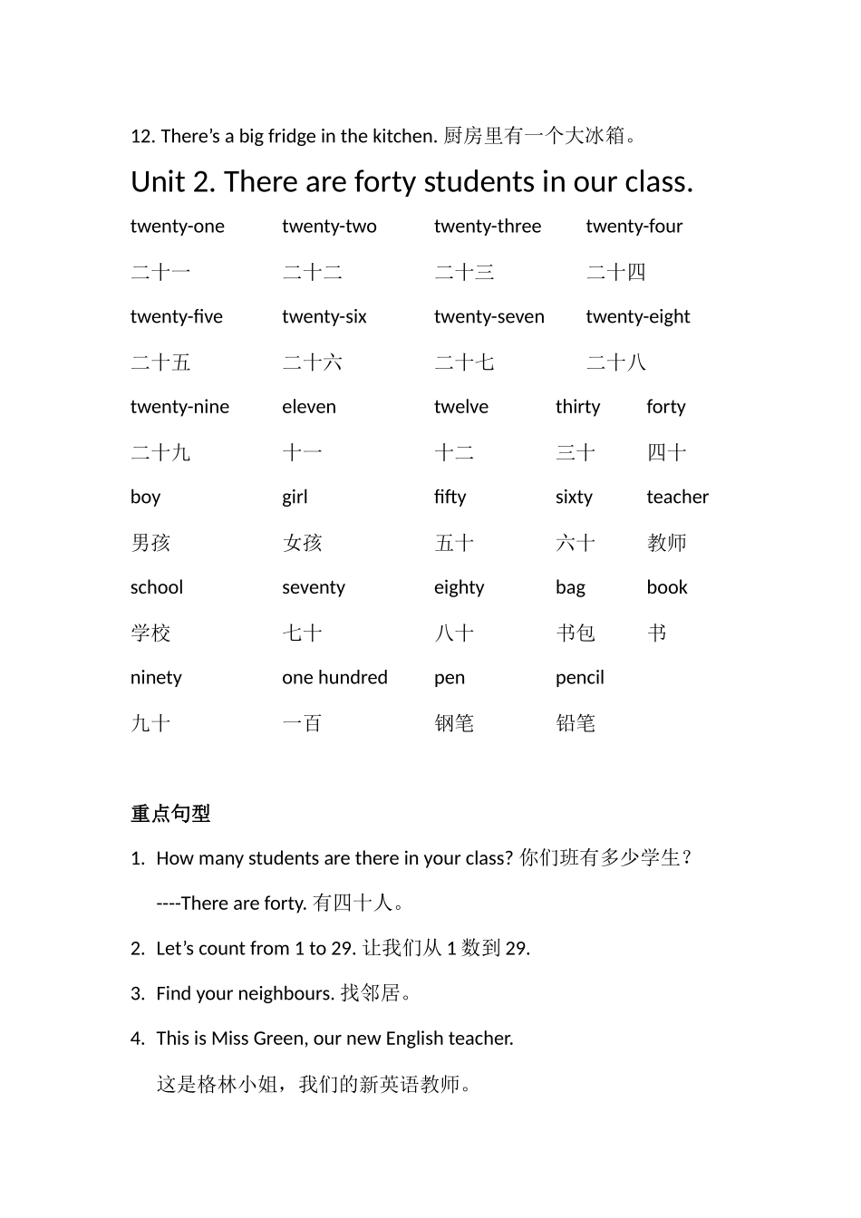 人教精通版小学英语四年级下册重点词语及句型_第2页