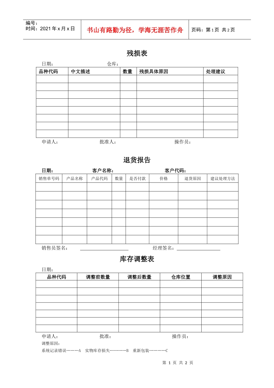 196残损表、退货报告、库存调整表_第1页