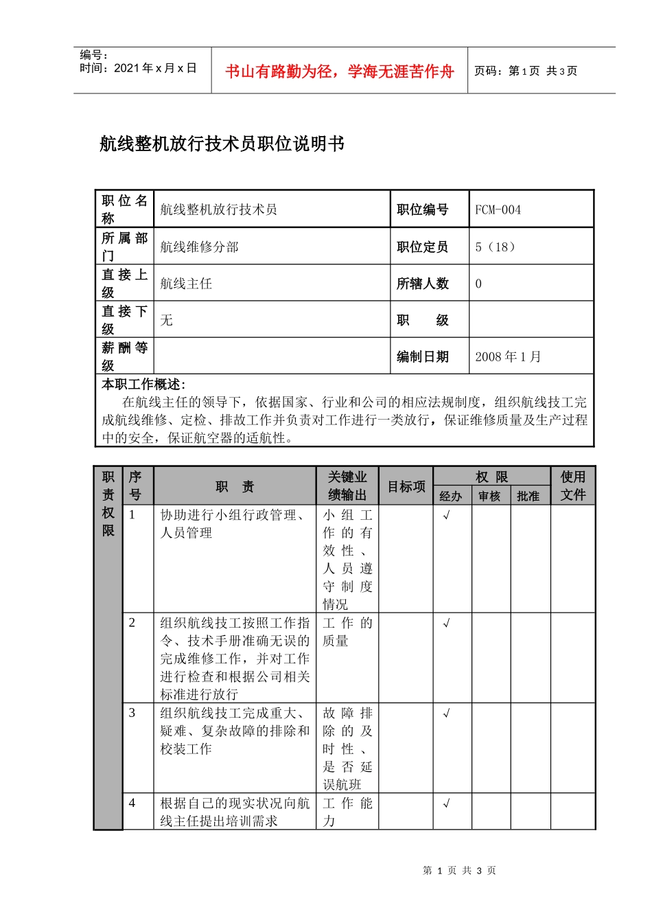 航线整机放行技术员职位说明书及关键绩效标准_第1页
