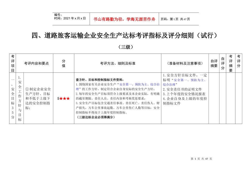 XXXX0207道路旅客运输企业安全生产达标考评指标及评分_第1页