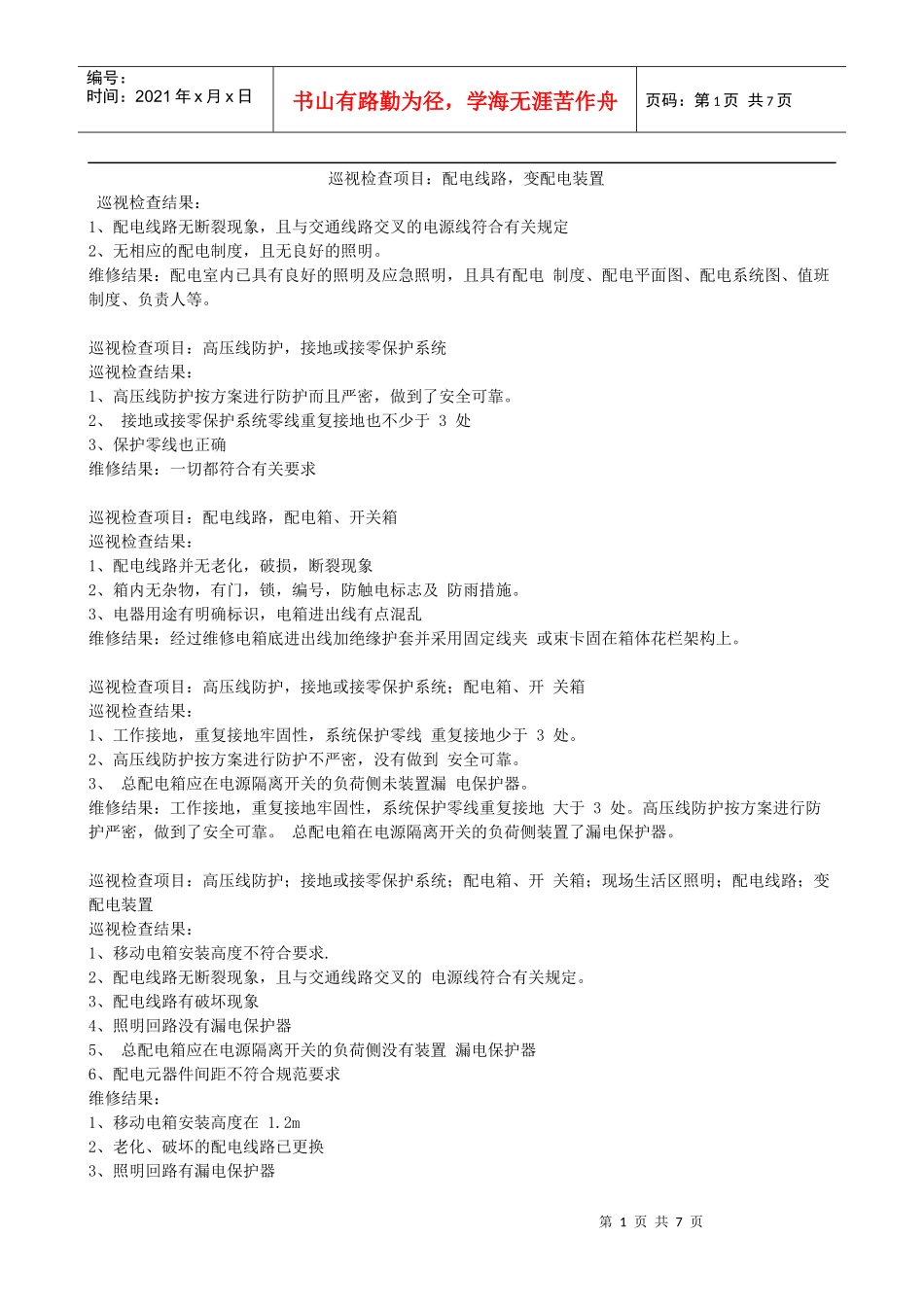 电工巡视维修记录 这是安全资料第十二盒中重要的一部分_第1页
