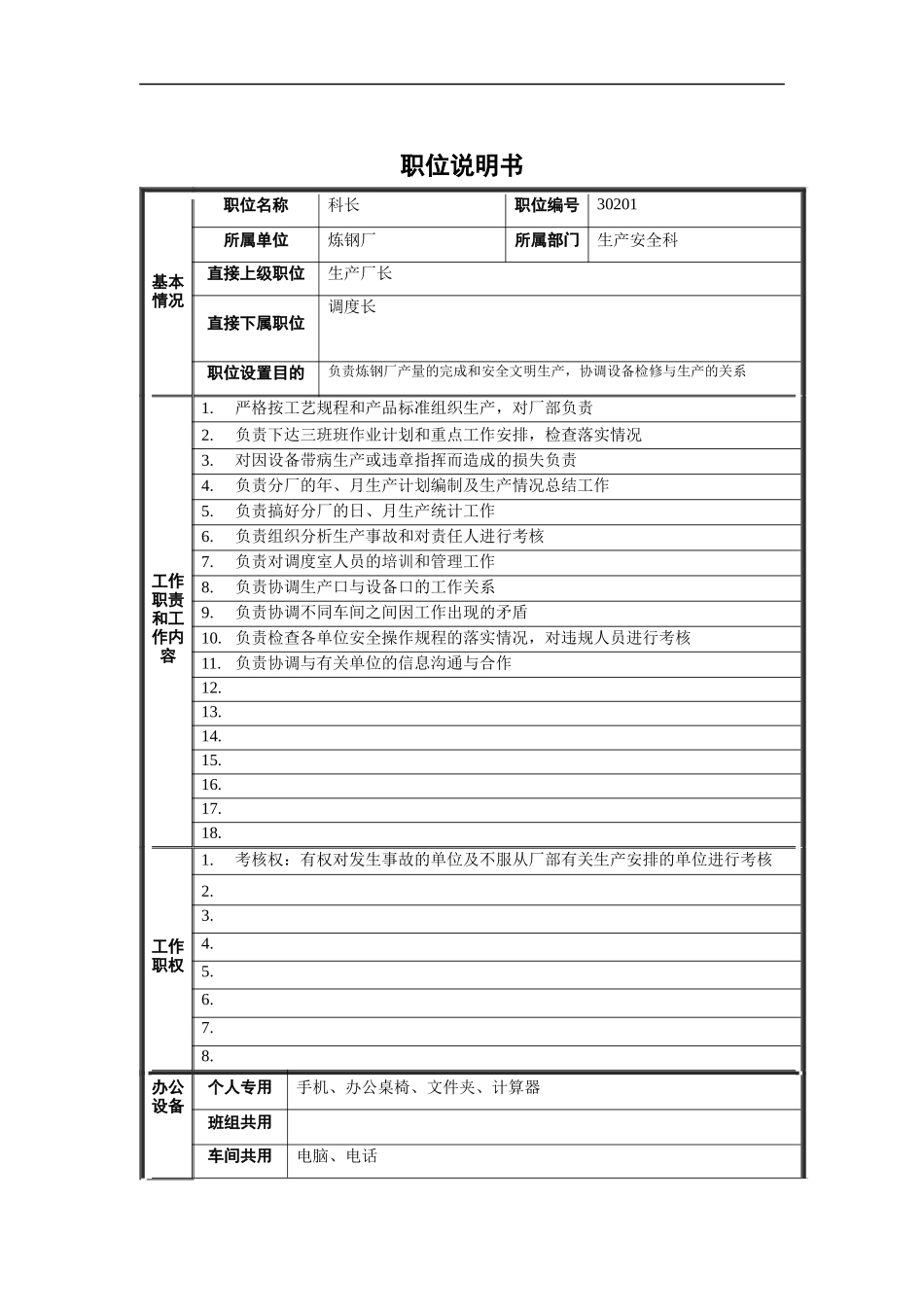 炼钢厂生产安全科科长职位说明书_第1页