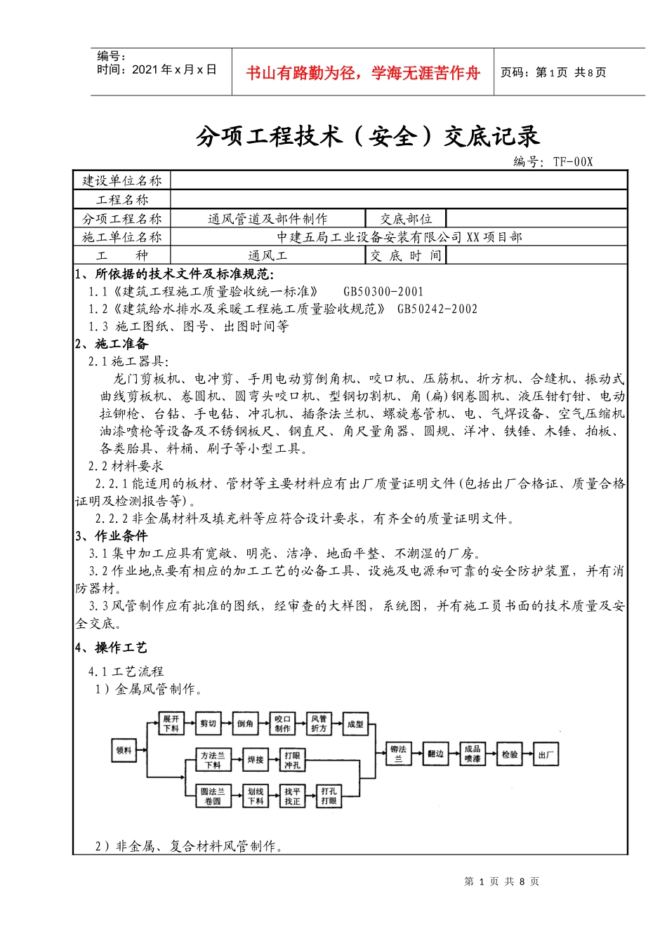 通风管道及部件制作技术(安全)交底记录_第1页