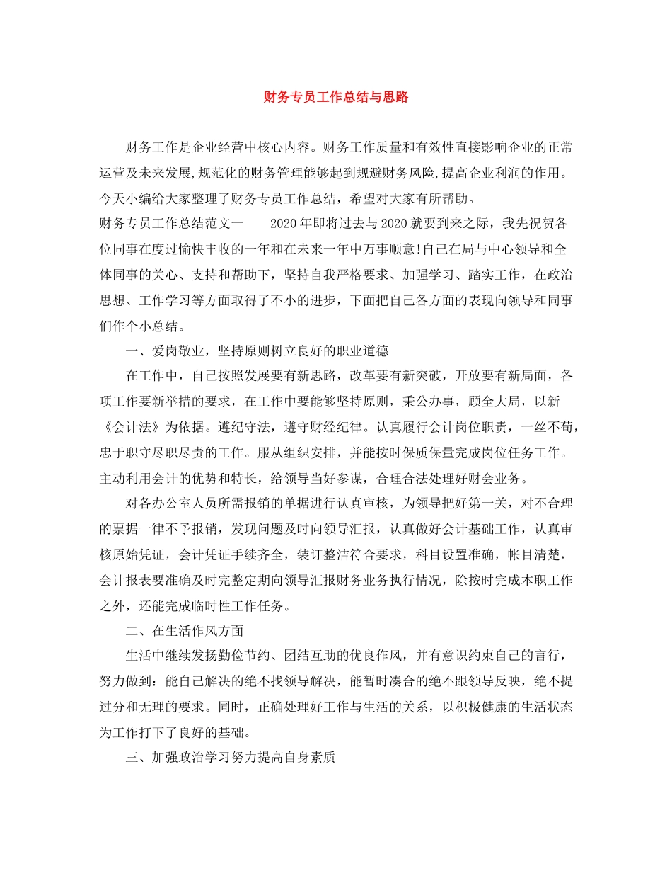 财务专员工作总结与思路_第1页