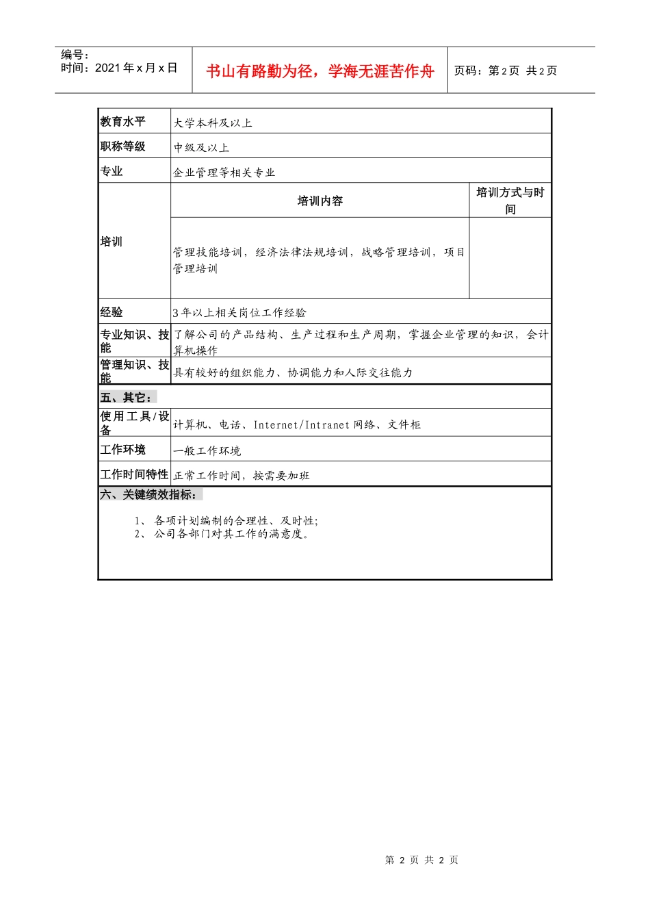仪器生产企业综合计划员职位说明书_第2页