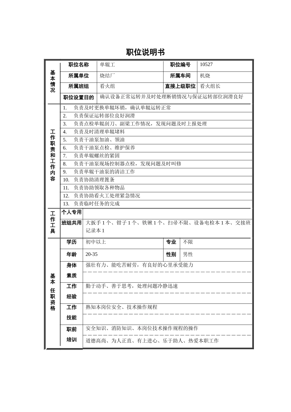 烧结厂机烧车间看火组单辊工职位说明书_第1页