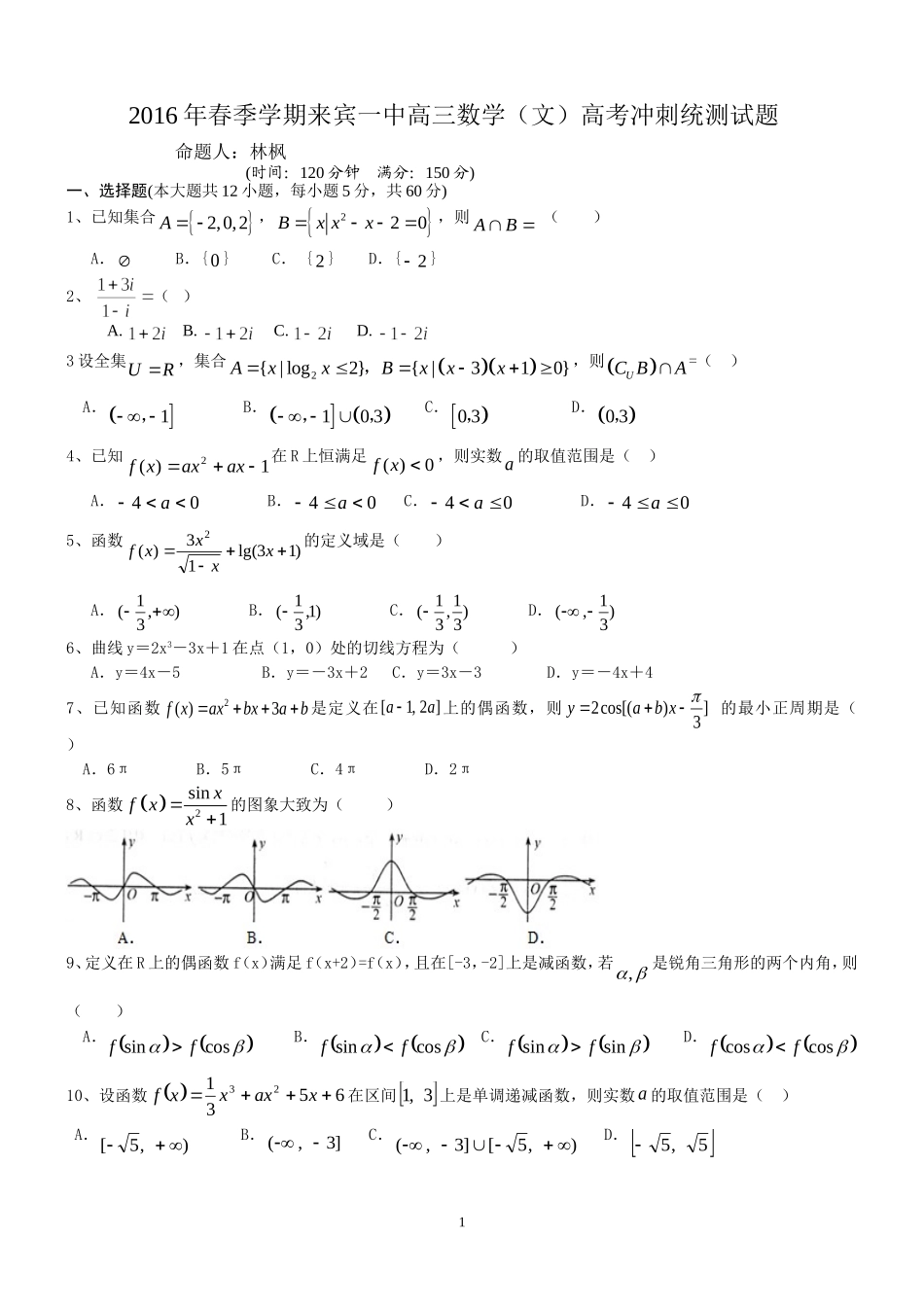 2016年春季学期高三数学（文）高考冲刺测试题_第1页