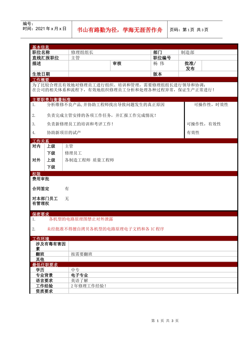 某大型电子公司制造部修理组组长职位说明书_第1页