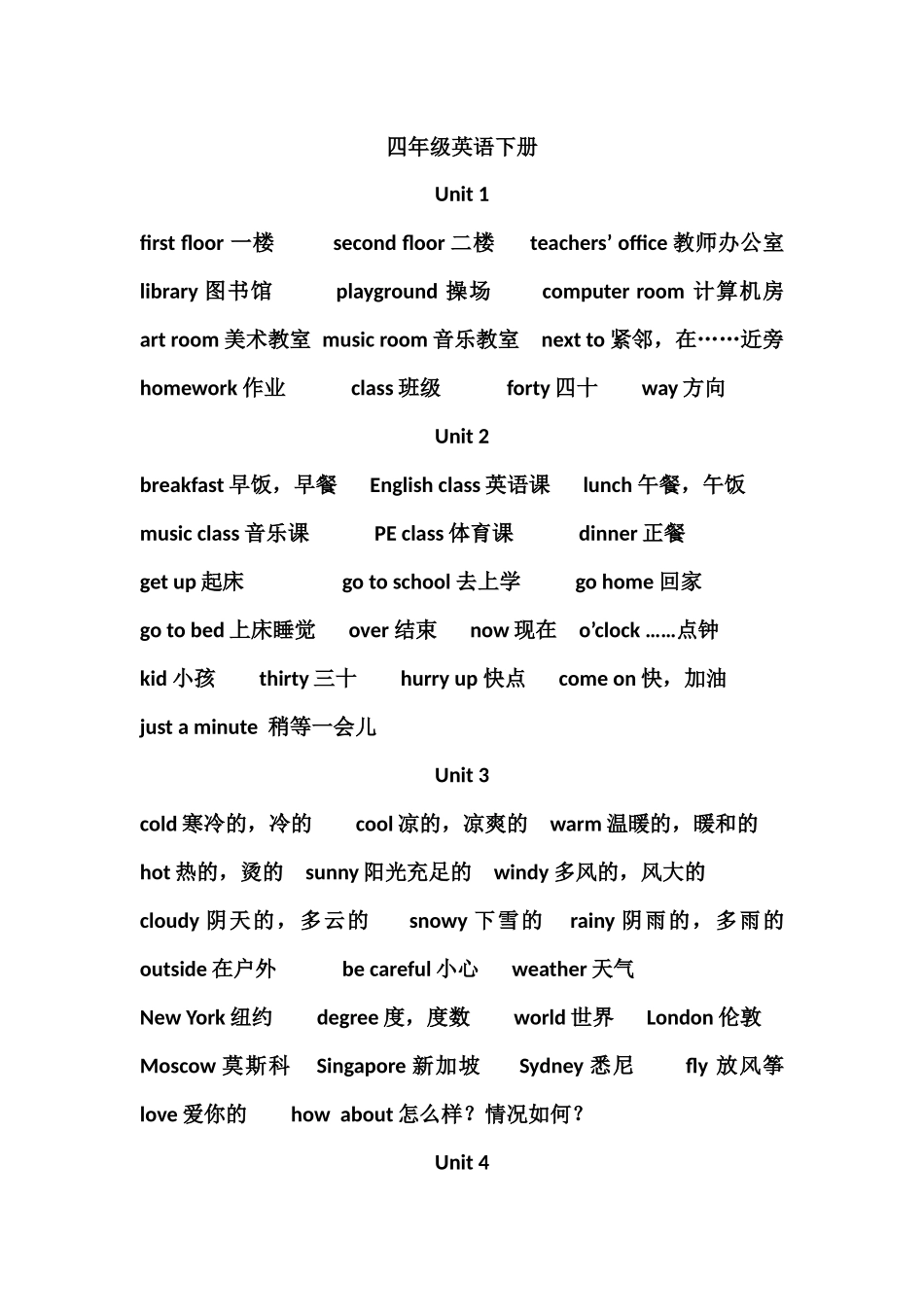 四年级英语下册单词2016春_第1页