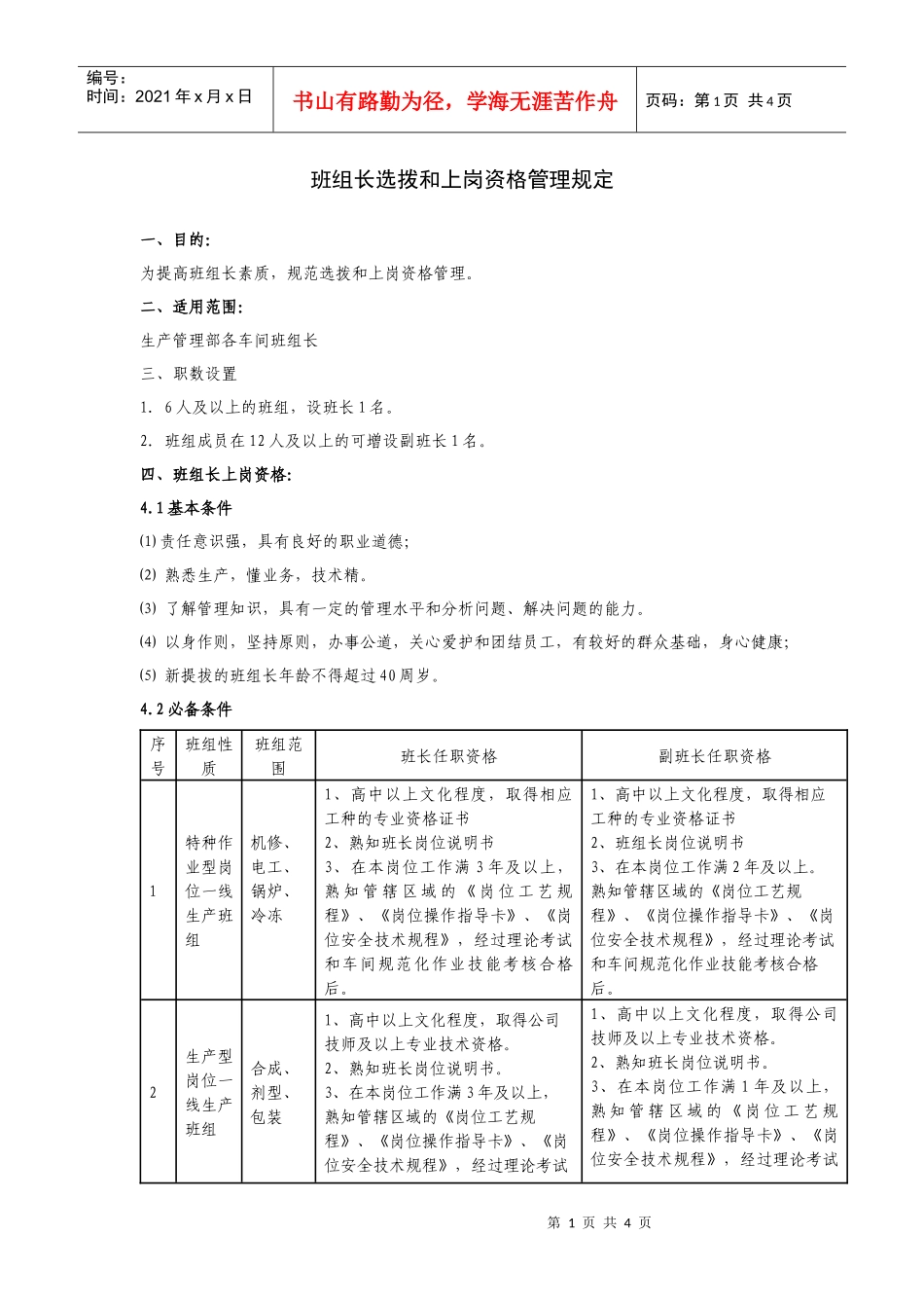班组长选拨和上岗资格管理规定_第1页