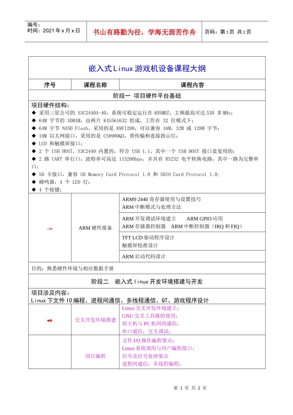 嵌入式Linux游戏机设备课程大纲_第1页