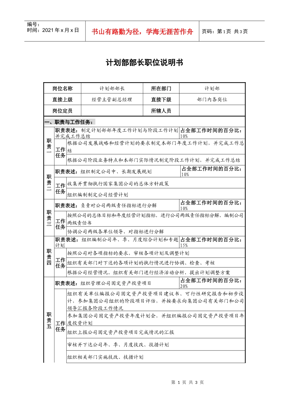 仪器生产企业计划部部长职位说明书_第1页
