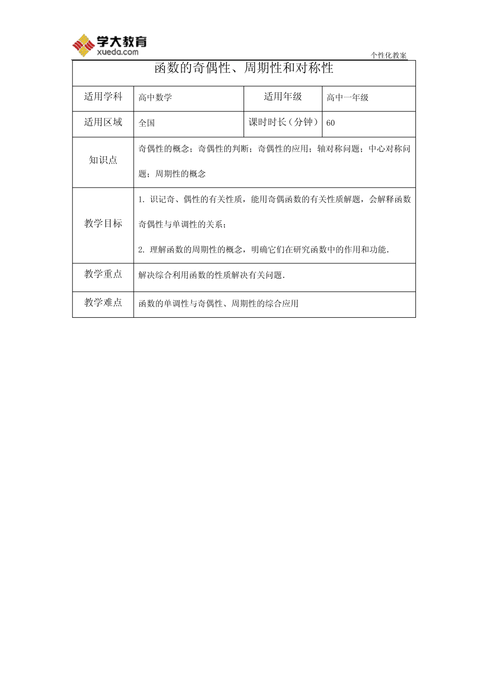 函数的奇偶性、周期性和对称性教案 _第1页