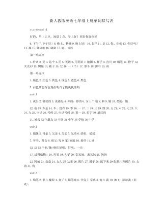 新人教版英语七年级上册单词默写表 