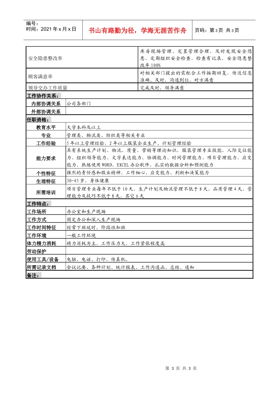 某服装生产企业计划经理职位说明书_第3页