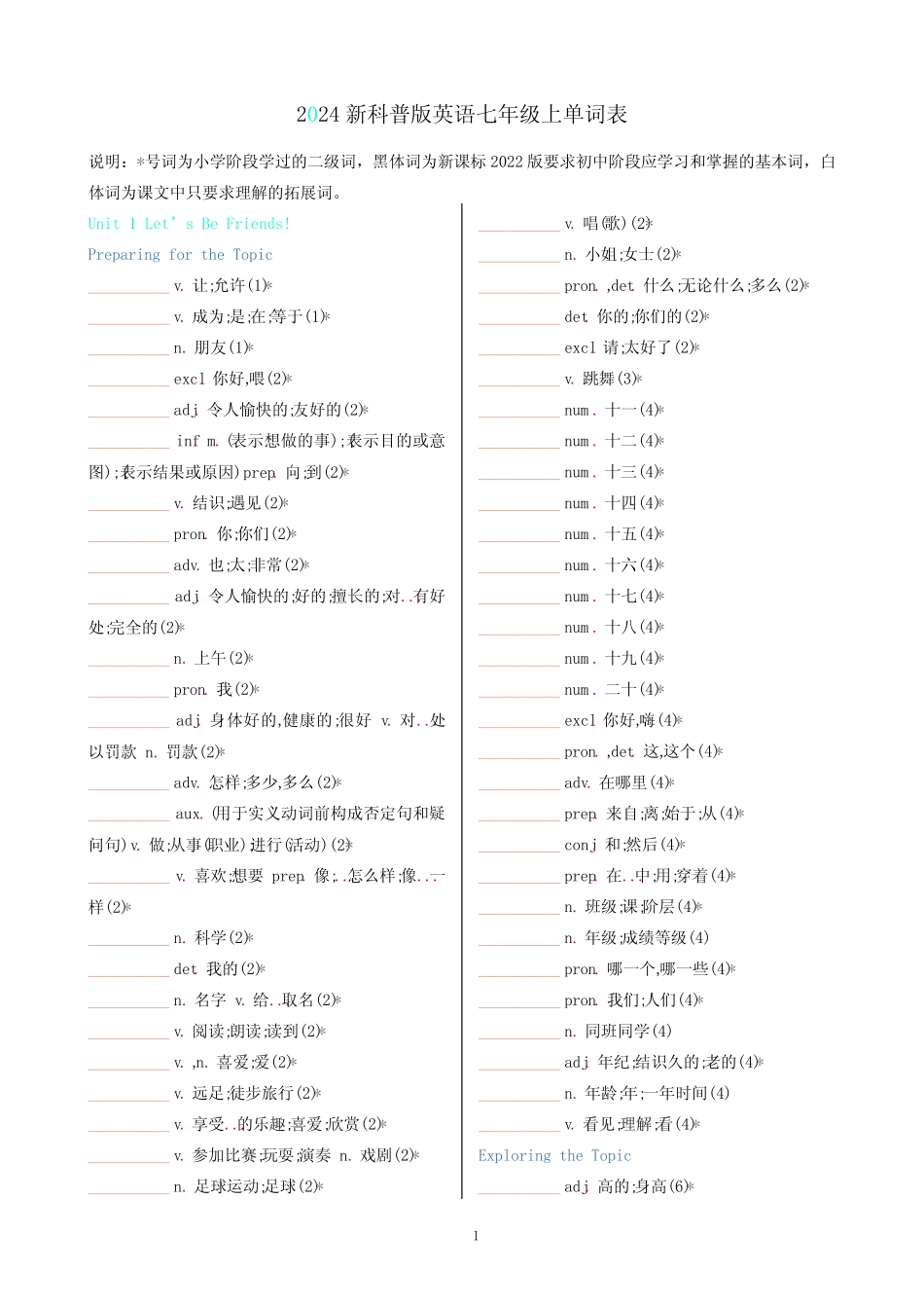 2024新科普版英语七年级上单词默写单 _第1页