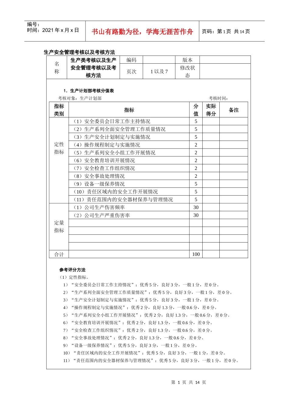 生产安全管理考核以及考核方法_第1页