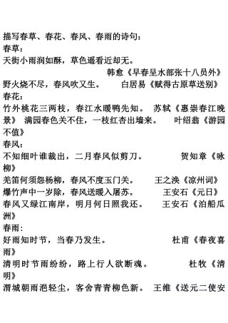 描写春草、春花、春风、春雨的诗句